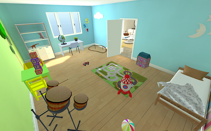 EPELI-pelin leikkihuone, jossa on rummut, leikkivälineitä lattialla, kirjahylly ja sänky. Animaatiokuva.