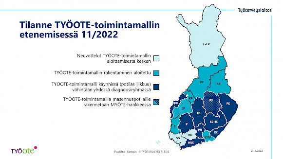 Suomen kartta, siitä miten Työote-toimintamalli etenee 11/2022. Esim. Keski-Suomessa ja HUS-sairaanhoitopiirissä toimintamalli käynnissä, Varsinais-Suomessa neuvottelut aloitettu.